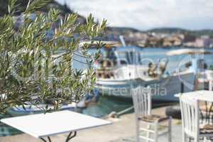 Typical greek restaurant and boat