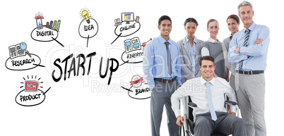 Composite image of businessman in wheelchair with his colleagues