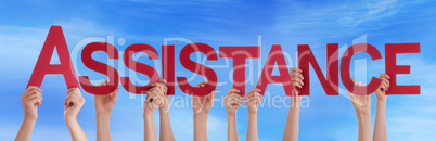 Hands Holding Red Straight Word Assistance Blue Sky