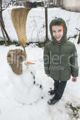 Snowman and child in the yard