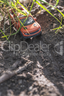 Small red off road car toy in the nature