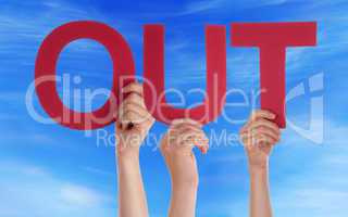 Many People Hands Holding Red Straight Word Out Blue Sky