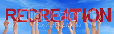 Many People Hands Holding Red Straight Word Recreation Blue Sky