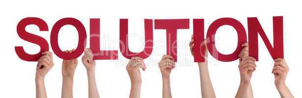 Many People Hands Holding Red Straight Word Solution
