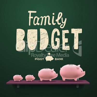 Family budget. Piggy money-boxes on the shelf, vector illustration.