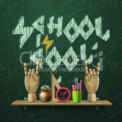 School is cool, template with schools workspace supplies, vector illustration.
