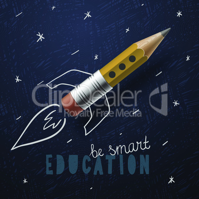 Smart education. Rocket ship launch with pencil - sketch on the blackboard, vector illustration.