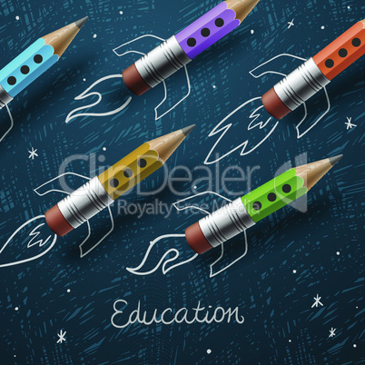 Education. Rocket ship launch with pencils - sketch on the blackboard, vector illustration.