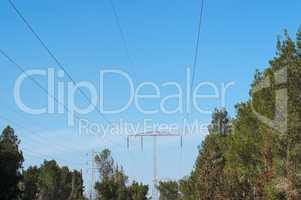 Overhead power transmission line over the pine forest