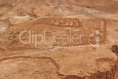 Excavations of ancient Roman camp near Masada fortress in the desert in Israel