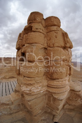 Fisheye view of ancient broken column of King Herodes palace in Masada