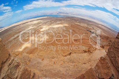 Fisheye view of desert landscape near the Dead Sea seen from Masada fortress