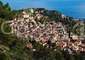 View ofTaormina town with Roman theater and sea  from Monte Tauro  in Sicily,Italy