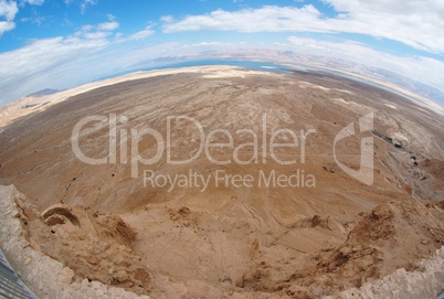 Fisheye view of desert landscape near the Dead Sea seen from Masada fortress