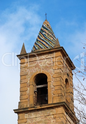 Church belfry with colorful conical roof in Piazza Armerina, Sicily, Italy
