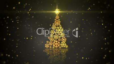 gold christmas tree shape of glowing snowflakes loop