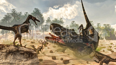 Tarbosaurus attacked by velociraptor dinosaurs - 3D render