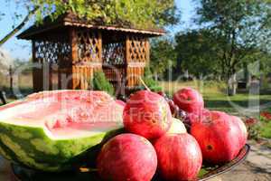 red apples on the arbor background