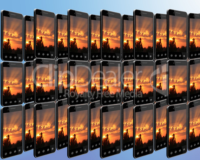 smart-phones with sunset in rows