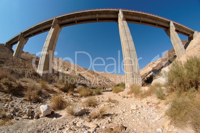 Fisgeye view of bridge in the desert