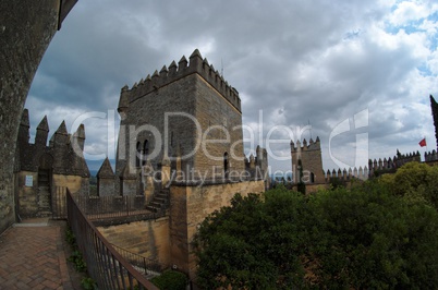 Fisheye view of Almodovar del Rio medieval castle on a cloudy day
