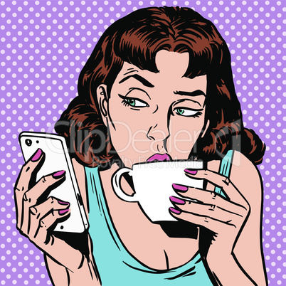 Tuesday girl looks at smartphone drinking tea or coffee