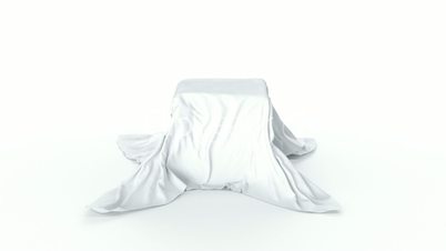 the goods covered with a white cloth.  Isolated on white.  black-and-white mask