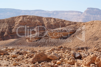 Scenic striped rocks in the Small Crater (Makhtesh Katan) in Israel's Negev desert