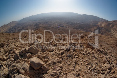 Fisheye view of the desert canyon in the Small Crater (Makhtesh Katan) in Negev desert, Israel
