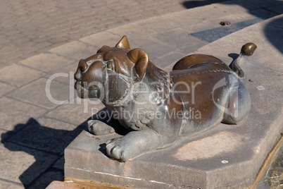 Bronze lion statue near the fountain in Jerusalem, Israel