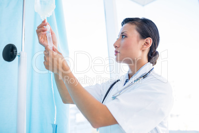 Concentrated female doctor connecting an intravenous drip