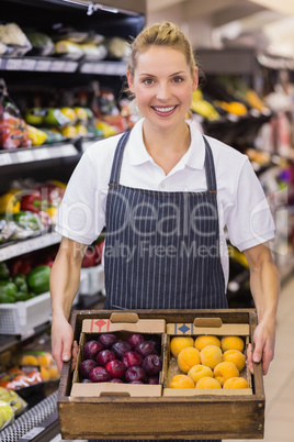 Portrait of a smiling blonde worker holding a box with vegetable