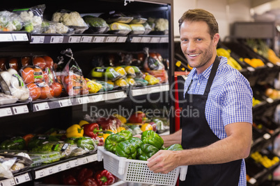 Portrait of a smiling handsome worker holding a box with vegetab