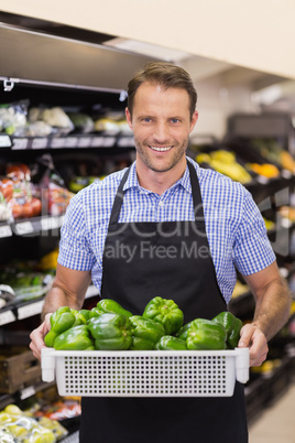 Portrait of a smiling handsome worker holding a box with vegetab