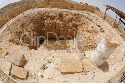 Fisheye view of ancient excavations in desert town Mamshit in Israel