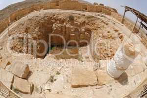 Fisheye view of ancient excavations in desert town Mamshit in Israel