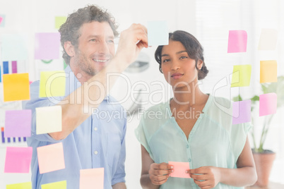 Puzzled business team looking post its on the wall