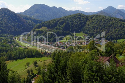 View of Savinja river and  La?ko valley from medieval Celje castle in Slovenia