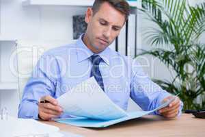 Businessman reading a contract before signing it