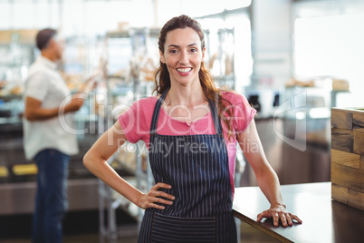 Pretty waitress leaning on counter