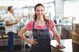Pretty waitress leaning on counter