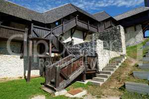 Covered wooden staircase and gallery in Celje medieval castle in Slovenia
