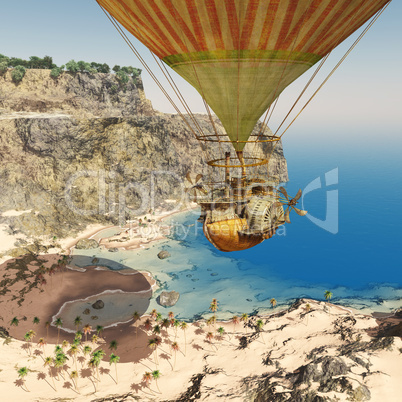 Fantasie Heißluftballon über einer Küstenlandschaft