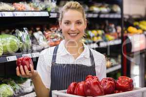 Portrait of a smiling blonde worker taking a vegetables