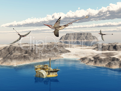Ozean Landschaft mit einem Dampfschiff und dem Flugsaurier Rhamphorhynchus