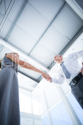 Two smiling business people shaking hands