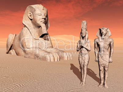 Ägyptische Sphinx und Statuen
