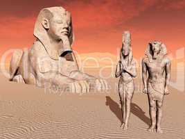 Ägyptische Sphinx und Statuen