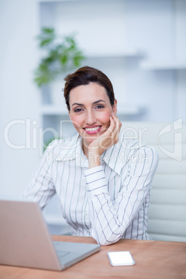 Pretty brunette smiling businesswoman using laptop