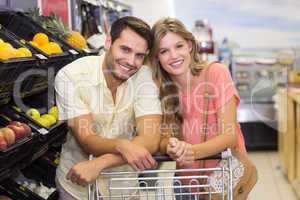 Portrait of smiling bright couple buying food products